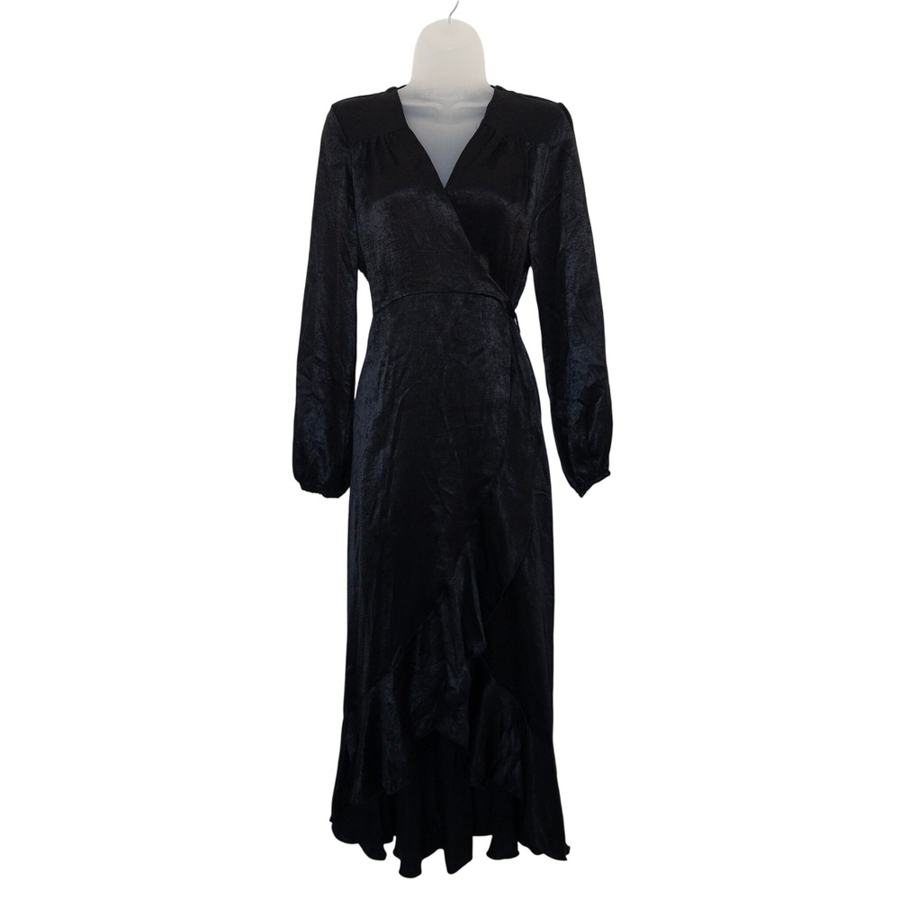 Flounce London Dress Size 8 Black Satin Wrap Maxi Whimsigoth Witchy Romantic‎